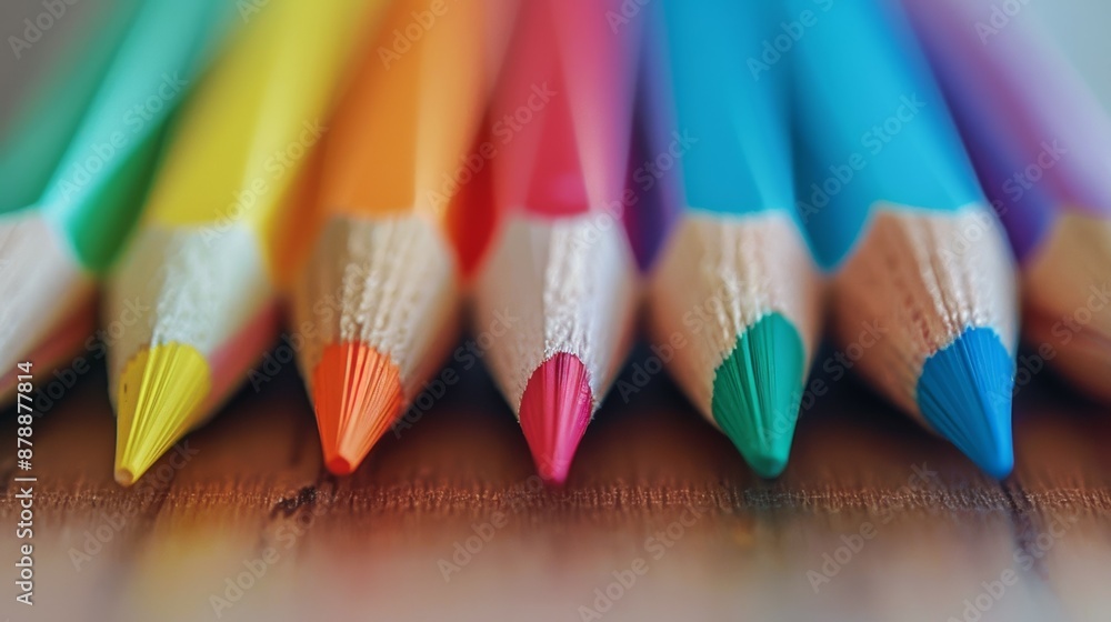 A row of colored pencils are lined up on a wooden surface A row of colored pencils are lined up on a wooden surface