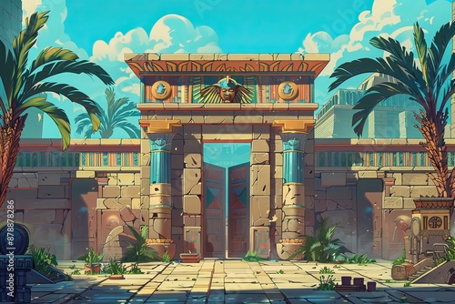 Ancient Egyptian Temple Entrance with Hieroglyphs and Palm Trees photo