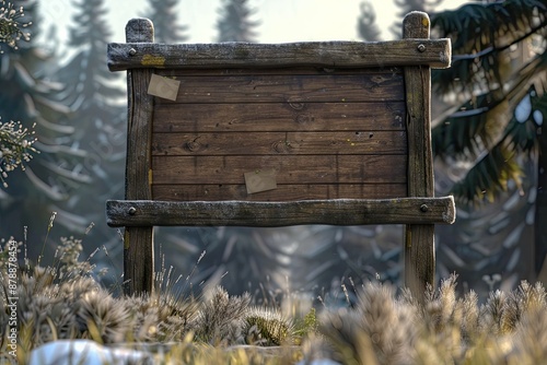 Wooden signboard in a snowy forest with pine trees photo