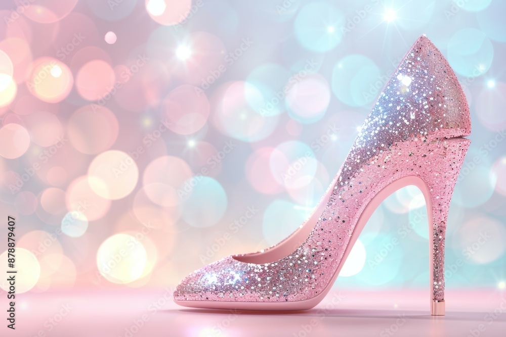 Obraz premium A pink glittery high heel shoe with a pink and blue background