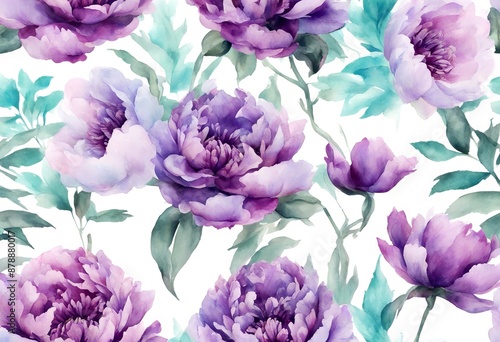 seamless leaf artistic turquoise twig watercolor leaves branches botanical peony floral art pink flowers pattern arrangement background violet green