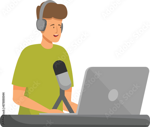 Radio host is recording a podcast, speaking into a microphone