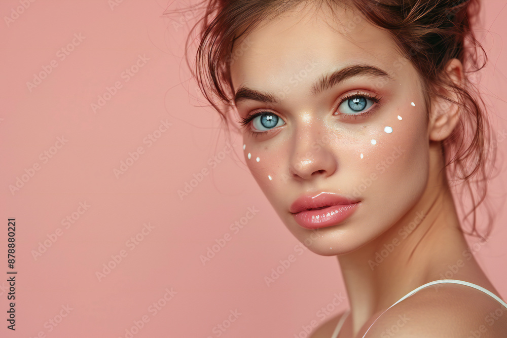 Young Woman with Face Cream on Pink Background for Skincare and Beauty Routine Young Woman with Face Cream on Pink Background for Skincare and Beauty Routine