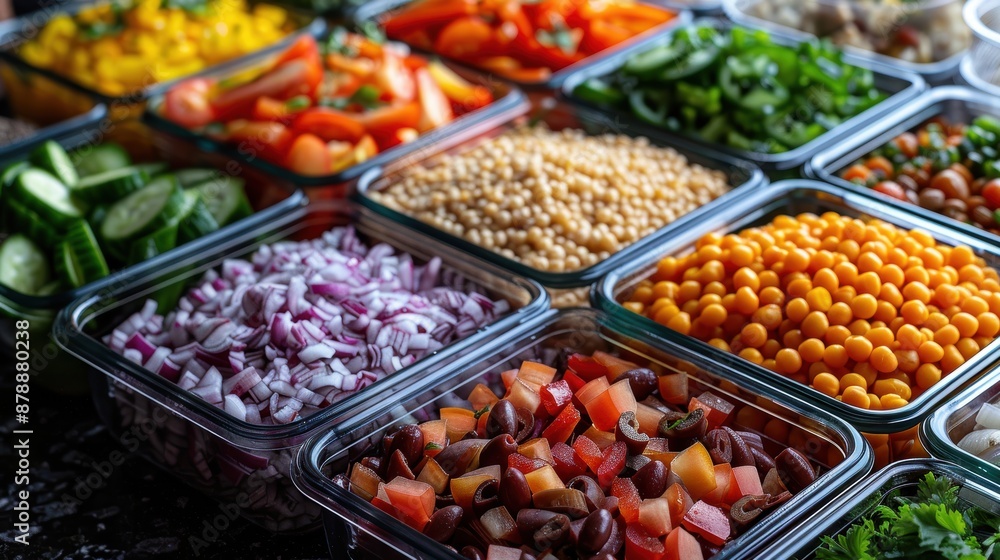 A colorful array of fresh vegetables and grains in glass containers, ideal for healthy meal preparation and vibrant culinary presentations. A colorful array of fresh vegetables and grains in glass containers, ideal for healthy meal preparation and vibrant culinary presentations.