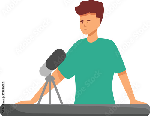 Male radio host recording a podcast in studio, speaking into a microphone