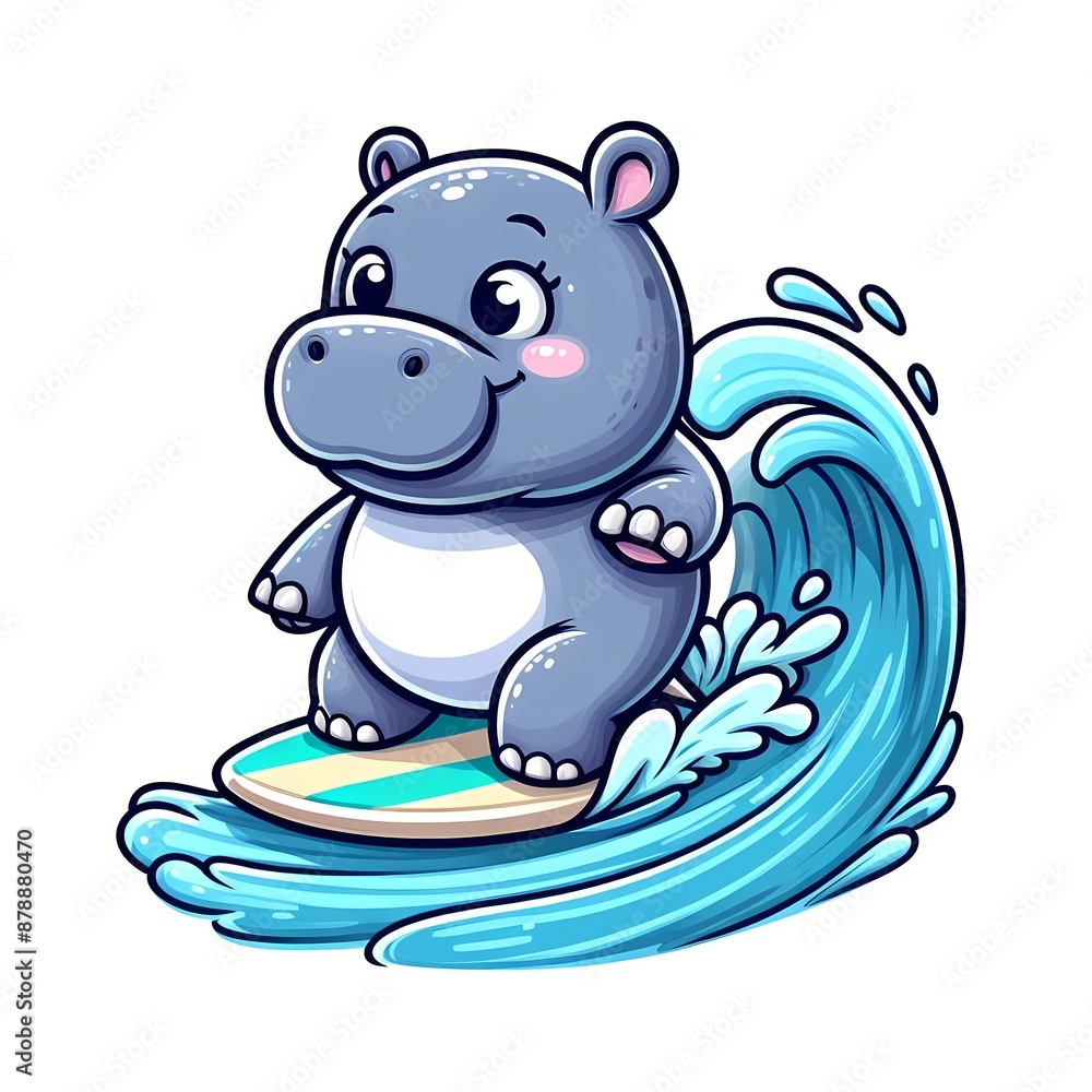 Cute hippo Surfing On Wave Cartoon Vector Icon Illustration Cute hippo Surfing On Wave Cartoon Vector Icon Illustration