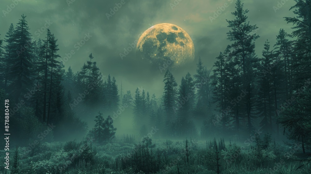 Eerie forest landscape with dense fog and a glowing full moon casting a haunting light through the tall pine trees at night. Eerie forest landscape with dense fog and a glowing full moon casting a haunting light through the tall pine trees at night.