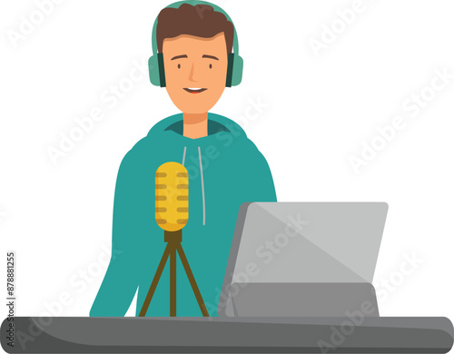 Young man is recording a podcast using a condenser microphone and headphones