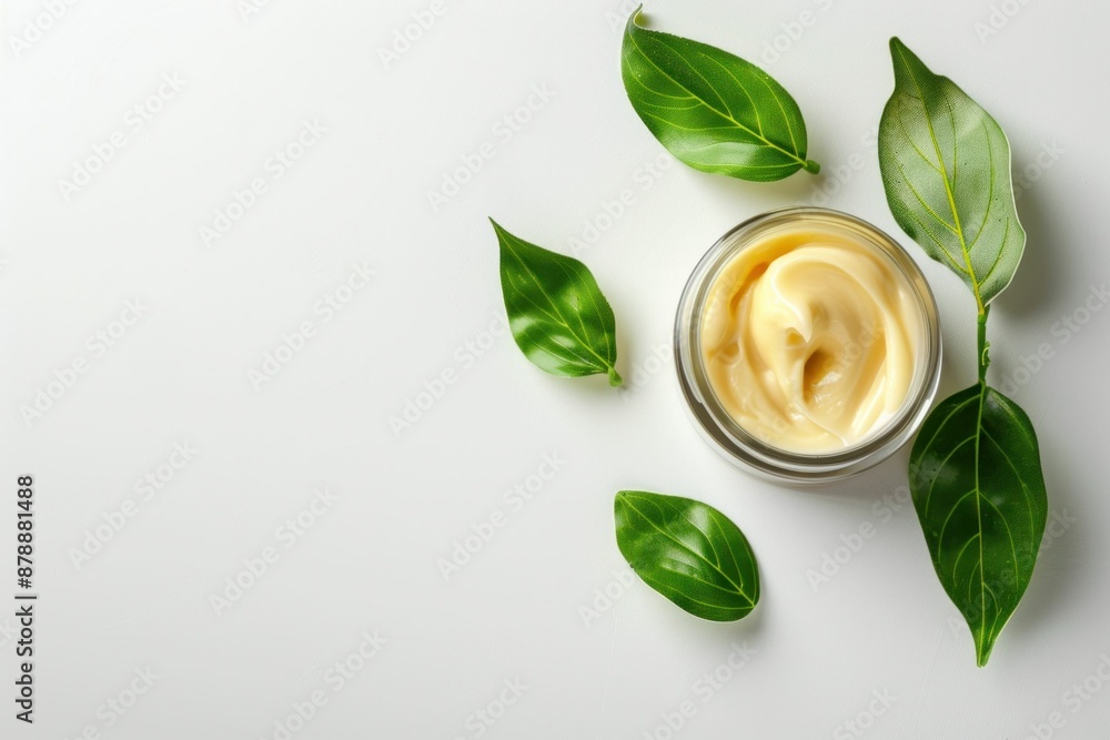 Beauty cream with green leaves on white background top view flat lay copy space concept for natural skincare beauty and wellness industry Beauty cream with green leaves on white background top view flat lay copy space concept for natural skincare beauty and wellness industry