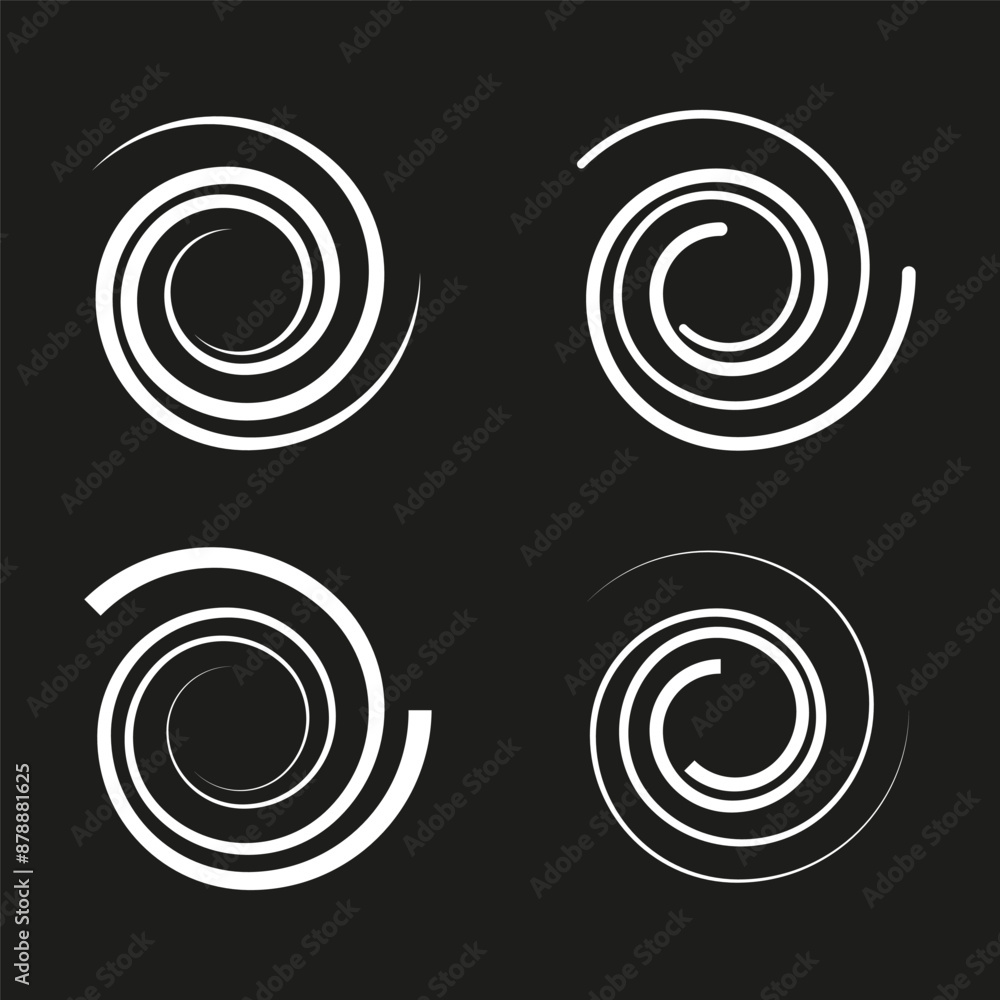 Abstract spiral shapes. White spirals on black. Circular swirl design. Vector illustration. Abstract spiral shapes. White spirals on black. Circular swirl design. Vector illustration.