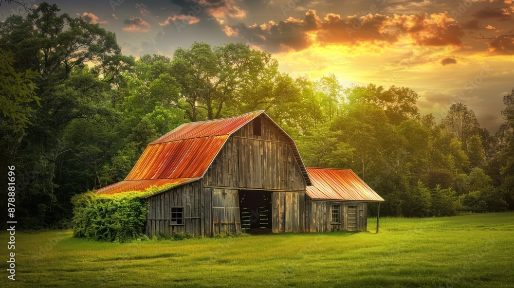 Rustic barn at sunset with lush green field. Rustic barn at sunset with lush green field.