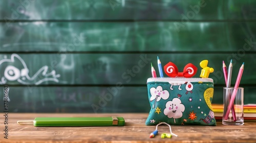 A playful pencil case decorated with cartoon characters, on a childa??s study table, with a classic green blackboard behind featuring ample copy space in the bottom right corner photo