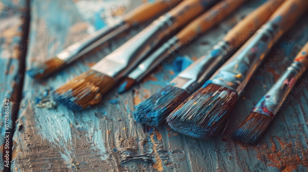 Fototapeta premium Close up of a line of vintage paintbrushes on aged wooden table in retro style