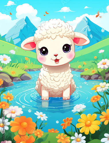 A cute cartoon baby sheep stands in the water, surrounded by flowers and mountains