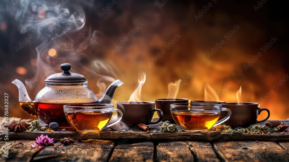 Hot steaming tea in glass teapot and cups on wooden table. Hot steaming tea in glass teapot and cups on wooden table.