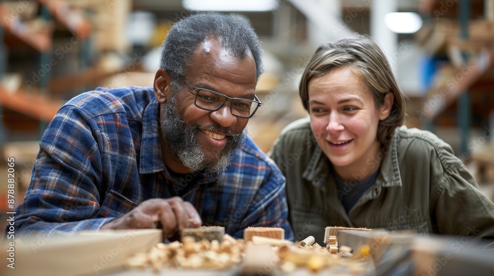 A teacher guiding a student in a woodworking class, hands-on skill-building A teacher guiding a student in a woodworking class, hands-on skill-building