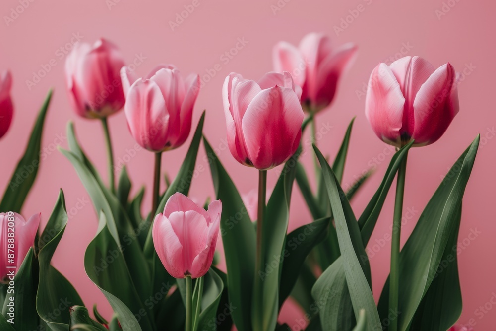 Visually Appealing Floral Background: Charming Pink Tulips on Pink Backdrop Visually Appealing Floral Background: Charming Pink Tulips on Pink Backdrop