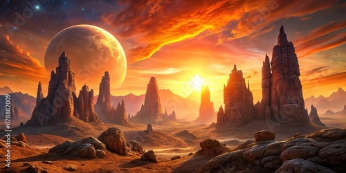 Vibrant orange and pink hues illuminate the surreal landscape of three glowing suns setting behind rugged rock formations in a breathtaking sci-fi inspired sky.