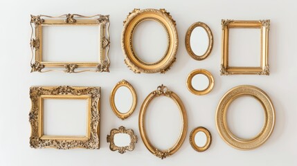 Antique gold frames on white backdrop Artistic gallery layout for banner