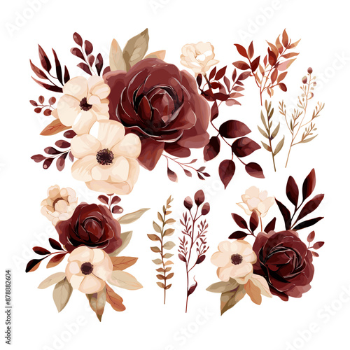 Watercolor clipart, Maroon color flowers, surrounded by terracotta and cocoa brown accents