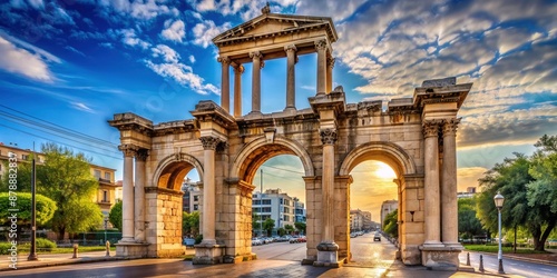 Ancient marble arch with ornate Corinthian columns and intricate carvings stands majestically on Vasilissis Amalias Avenue in Athens, Greece, under a bright blue sky. photo