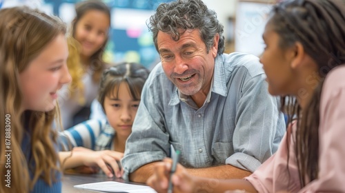 A teacher helping students with a group project, collaborative and interactive