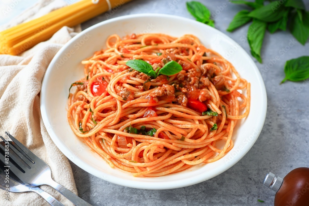 Home made Spaghetti with Tomato Sauce and minced pork in a white plate on gray cement background Home made Spaghetti with Tomato Sauce and minced pork in a white plate on gray cement background