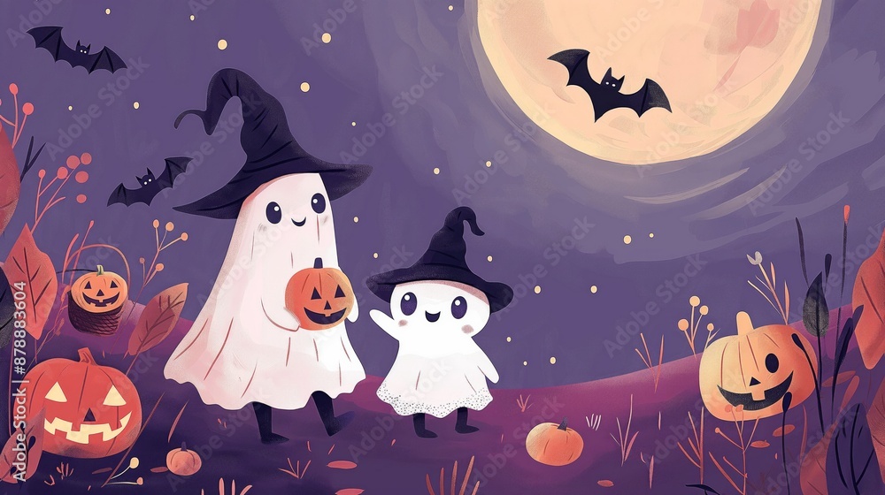 Joyful ghost mom and her baby celebrate Halloween in witch hats and with a pumpkin lantern Joyful ghost mom and her baby celebrate Halloween in witch hats and with a pumpkin lantern