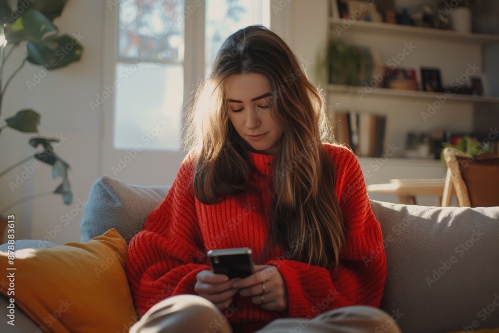 Woman in red sweater using smartphone on cozy couch at home, relaxation concept Woman in red sweater using smartphone on cozy couch at home, relaxation concept
