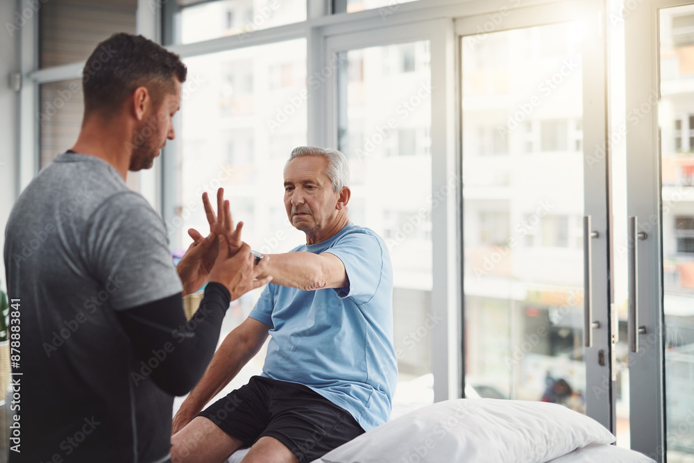 Fototapeta premium Physiotherapy, hand pain and senior patient for medical care, consulting and wellness. Chiropractor, health and physical therapist with person for stretching, rehabilitation and orthopedic exercise