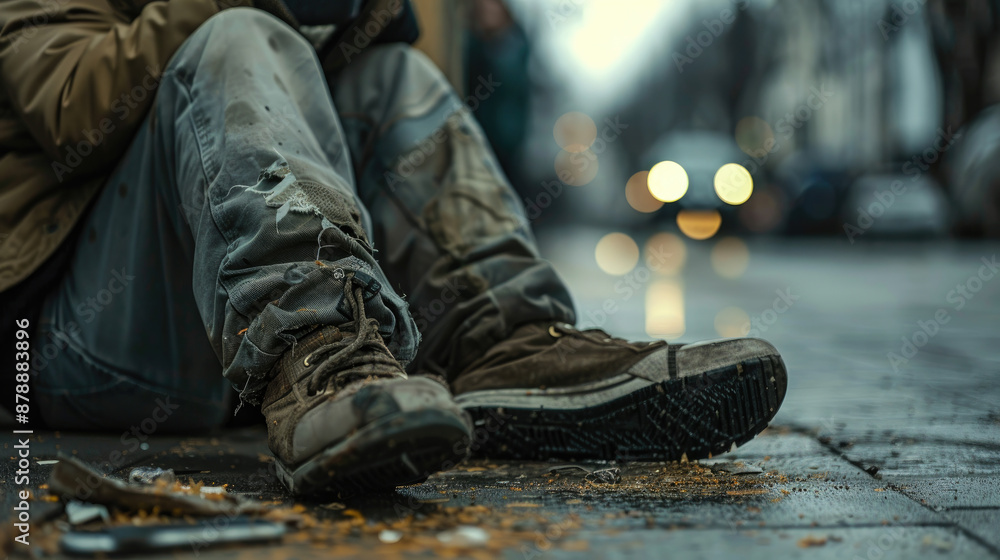 Urban Street Scene with Person in Worn Clothing and Boots Sitting on Sidewalk in City Urban Street Scene with Person in Worn Clothing and Boots Sitting on Sidewalk in City