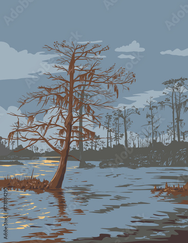 WPA poster art of a bayou or swamp in Barataria Preserve within Jean Lafitte National Historical Park  Louisiana USA done in works project administration or federal art project style.
