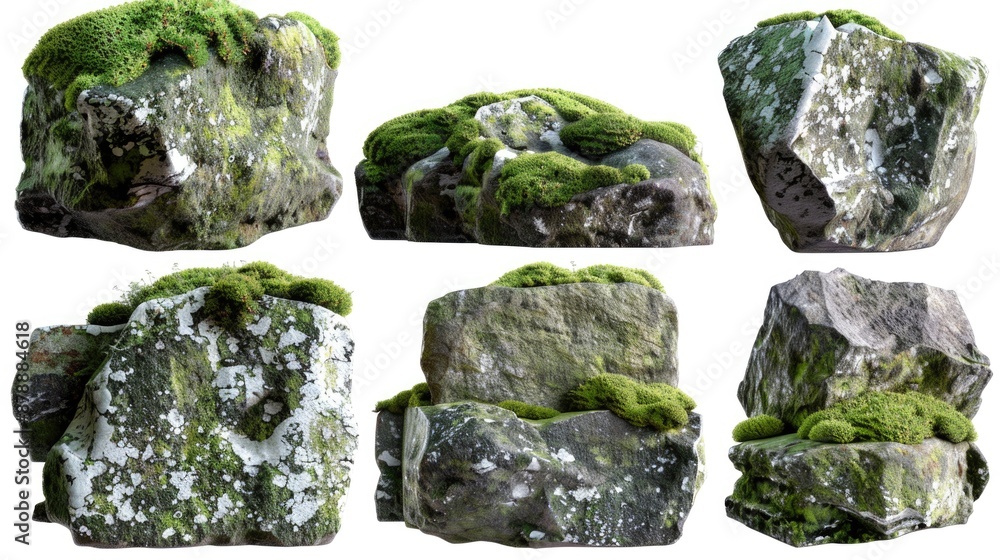 A collection of moss-covered rocks on a white background A collection of moss-covered rocks on a white background