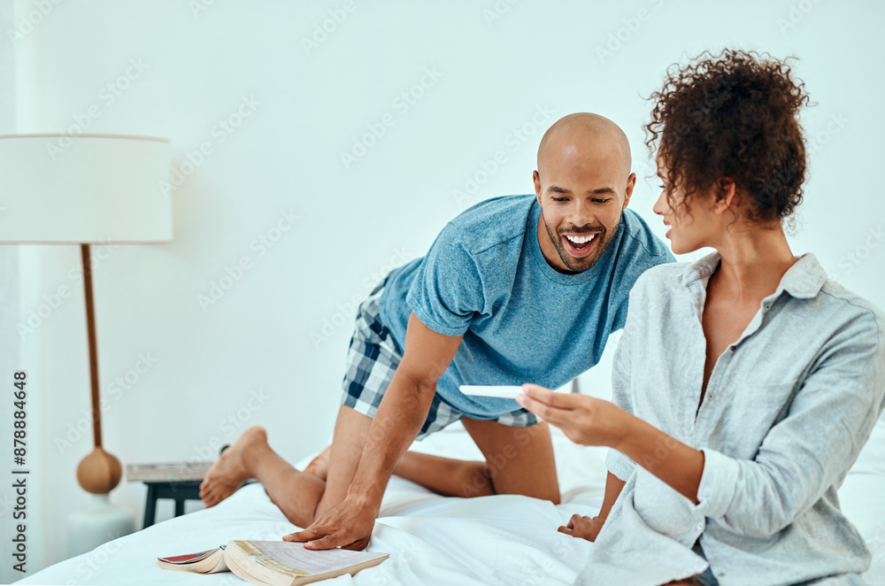 Obraz premium Pregnancy test, happy and couple with results in bedroom for fertility, family planning and ovulation cycle. Love, parents and excited man and woman check for maternity, pregnant sign and information