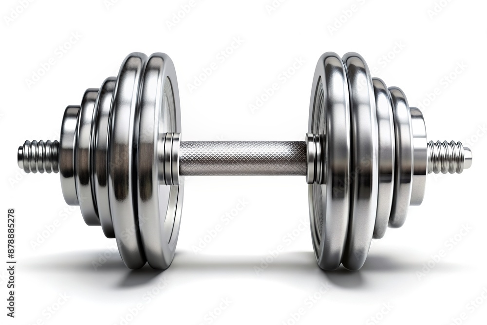 A chromed 3D dumbbell icon isolated on a white background, featuring detailed textures and subtle shadows, symbolizing strength, fitness, and weightlifting exercises. A chromed 3D dumbbell icon isolated on a white background, featuring detailed textures and subtle shadows, symbolizing strength, fitness, and weightlifting exercises.