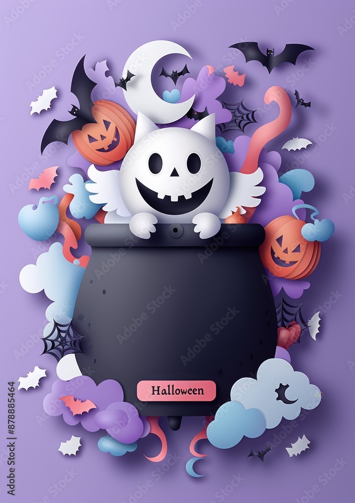Unique Halloween party banners with paper cut clouds, bats, and pumpkins. A full moon in the purple sky, spider webs, and a witch's cauldron, ready for your message., Generative Ai Unique Halloween party banners with paper cut clouds, bats, and pumpkins. A full moon in the purple sky, spider webs, and a witch's cauldron, ready for your message., Generative Ai