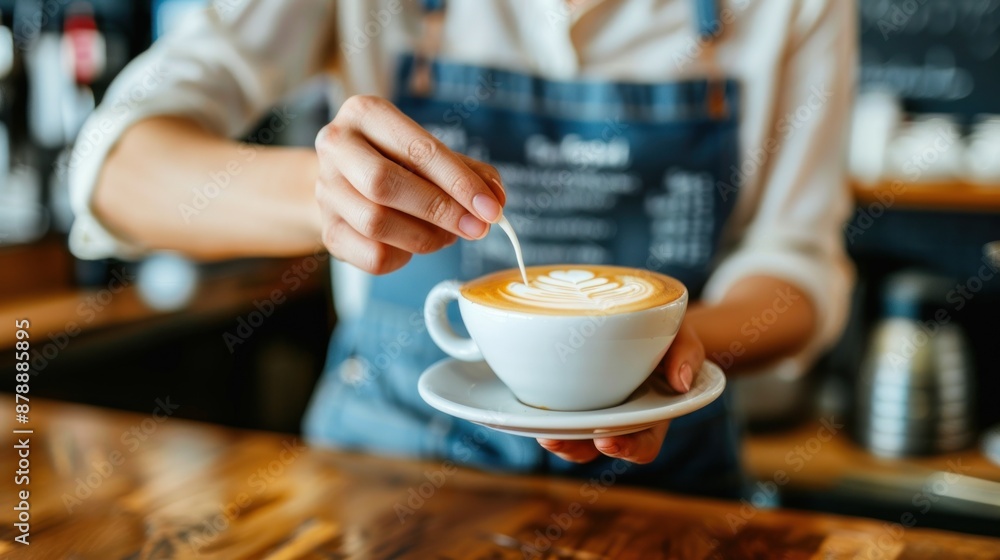 Barista preparing a cup of coffee with latte art. Barista preparing a cup of coffee with latte art.