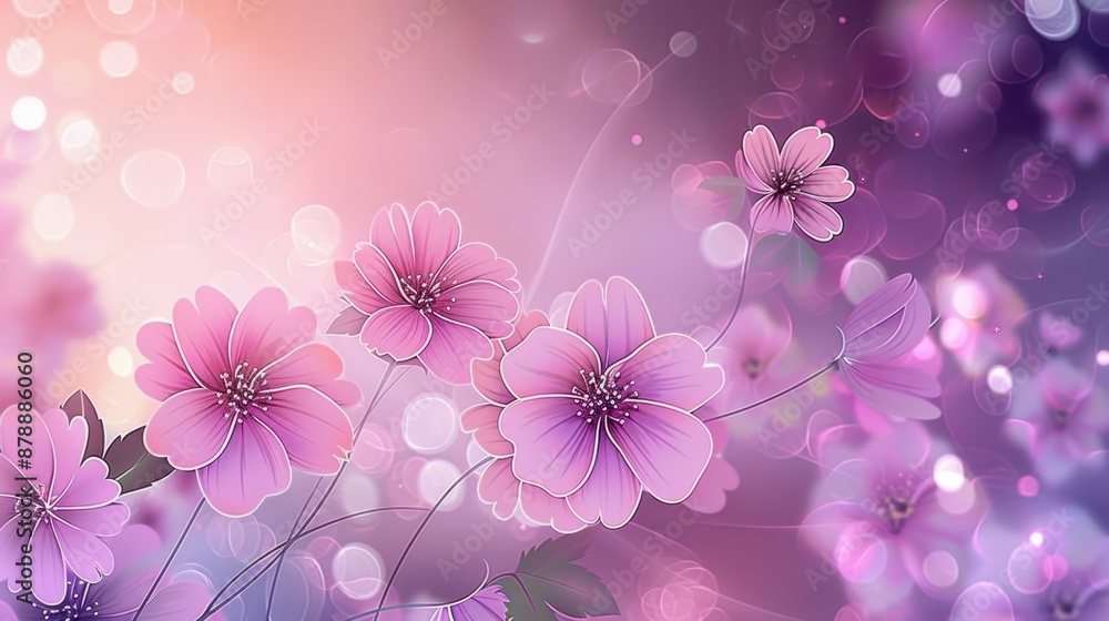 Fototapeta premium Soft pink flowers and fresh green leaves stand out against a pastel purple-pink gradient background, with subtle light flares and bokeh adding a magical, dreamlike touch.