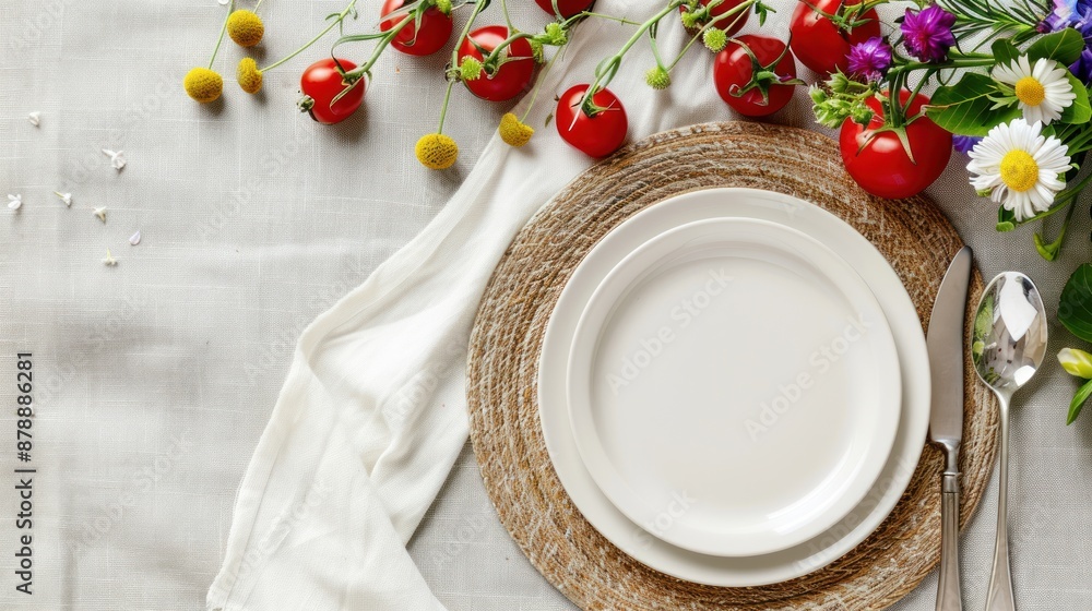 Elegant Table Setting with Rustic Placemat and White Plates. Elegant Table Setting with Rustic Placemat and White Plates.