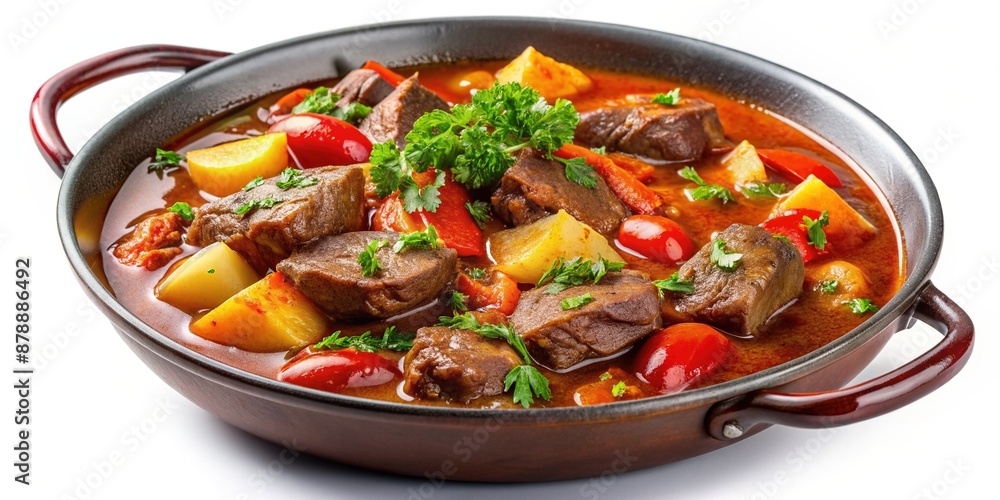 Hearty, slow-cooked goulash delight with tender beef, vegetables, and rich paprika broth, garnished with fresh parsley, isolated on transparent background, ready to devour. Hearty, slow-cooked goulash delight with tender beef, vegetables, and rich paprika broth, garnished with fresh parsley, isolated on transparent background, ready to devour.