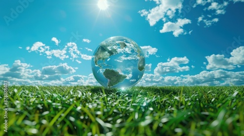 Above a green field, a clear blue sky with scattered clouds frames a transparent globe, continents vividly displayed, symbolizing harmony and global sustainability.  © Best