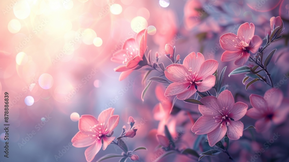 Ethereal pink flowers and green leaves against a soft pastel gradient, adorned with light flares and bokeh for a dreamy atmosphere.
Ethereal pink flowers and green leaves against a soft pastel gradient, adorned with light flares and bokeh for a dreamy atmosphere.