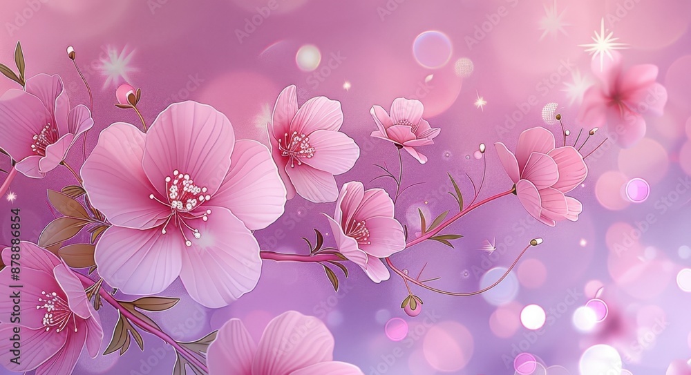 Fototapeta premium Pink blossoms and verdant leaves contrast beautifully on a pastel purple-pink gradient backdrop, enhanced with gentle flares and bokeh, evoking a serene, ethereal feel.