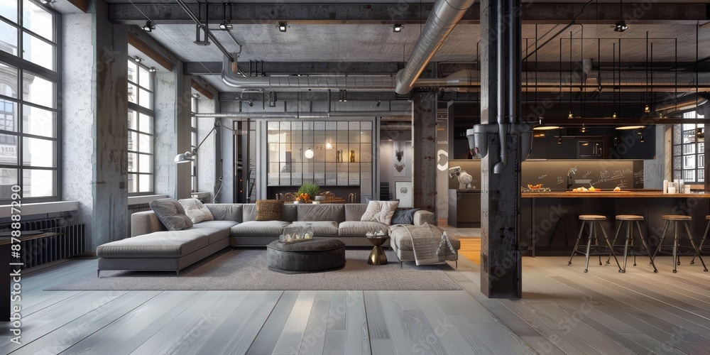 A chic loft apartment with industrial accents and open floor plan, ideal for urban living concepts A chic loft apartment with industrial accents and open floor plan, ideal for urban living concepts