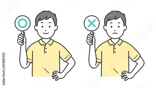 まるとばつの札を上げ腰に手を当てる介護士男性イラスト
