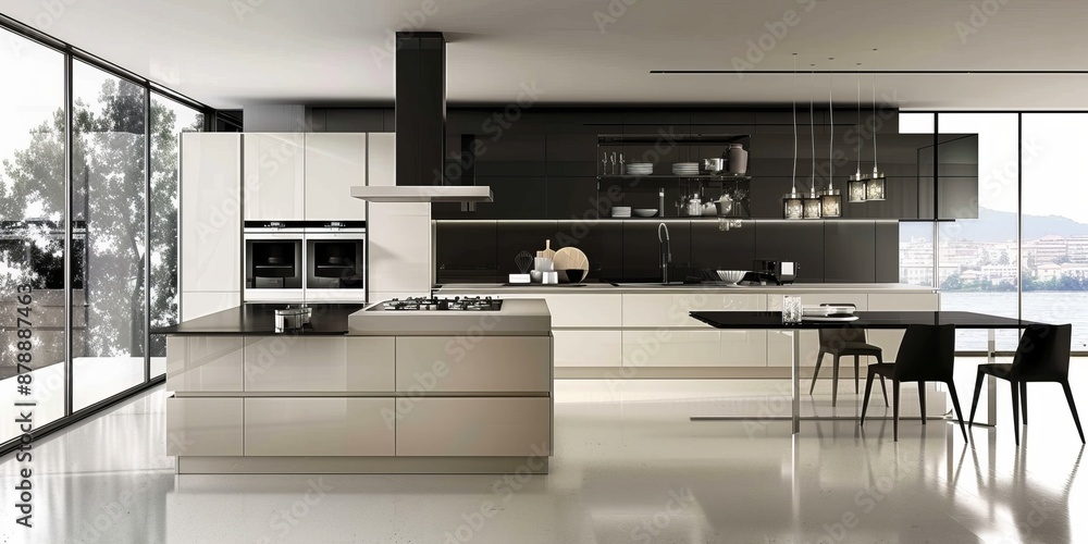 A modern kitchen with sleek appliances and minimalist design, ideal for showcasing contemporary home interiors A modern kitchen with sleek appliances and minimalist design, ideal for showcasing contemporary home interiors