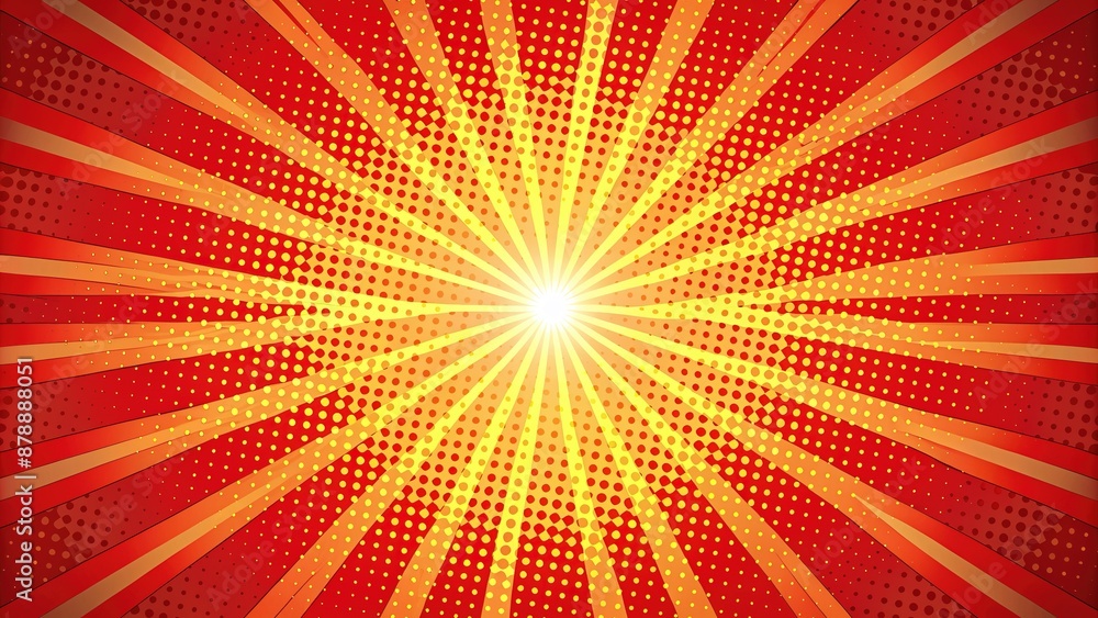 Vibrant red pop art comic sunburst effect background with halftone dots creates a lively, abstract, and playful cartoon vector design perfect for templates and advertisements. Vibrant red pop art comic sunburst effect background with halftone dots creates a lively, abstract, and playful cartoon vector design perfect for templates and advertisements.