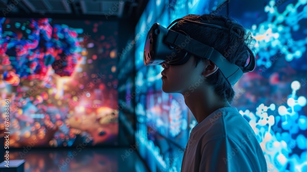 In a cutting-edge virtual science lab, students use VR headsets to conduct experiments in a simulated environment In a cutting-edge virtual science lab, students use VR headsets to conduct experiments in a simulated environment