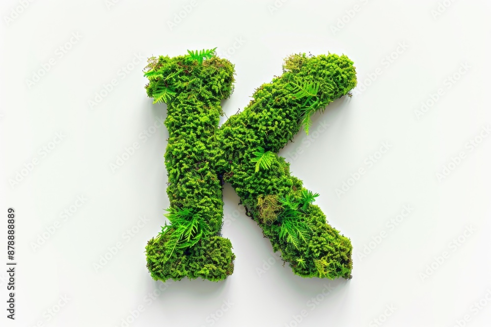 A close-up shot of a single green moss letter 'K' on a white surface A close-up shot of a single green moss letter 'K' on a white surface