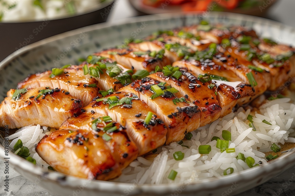 Grilled teriyaki chicken with soy sauce and sesame seeds. closeup Grilled teriyaki chicken with soy sauce and sesame seeds. closeup